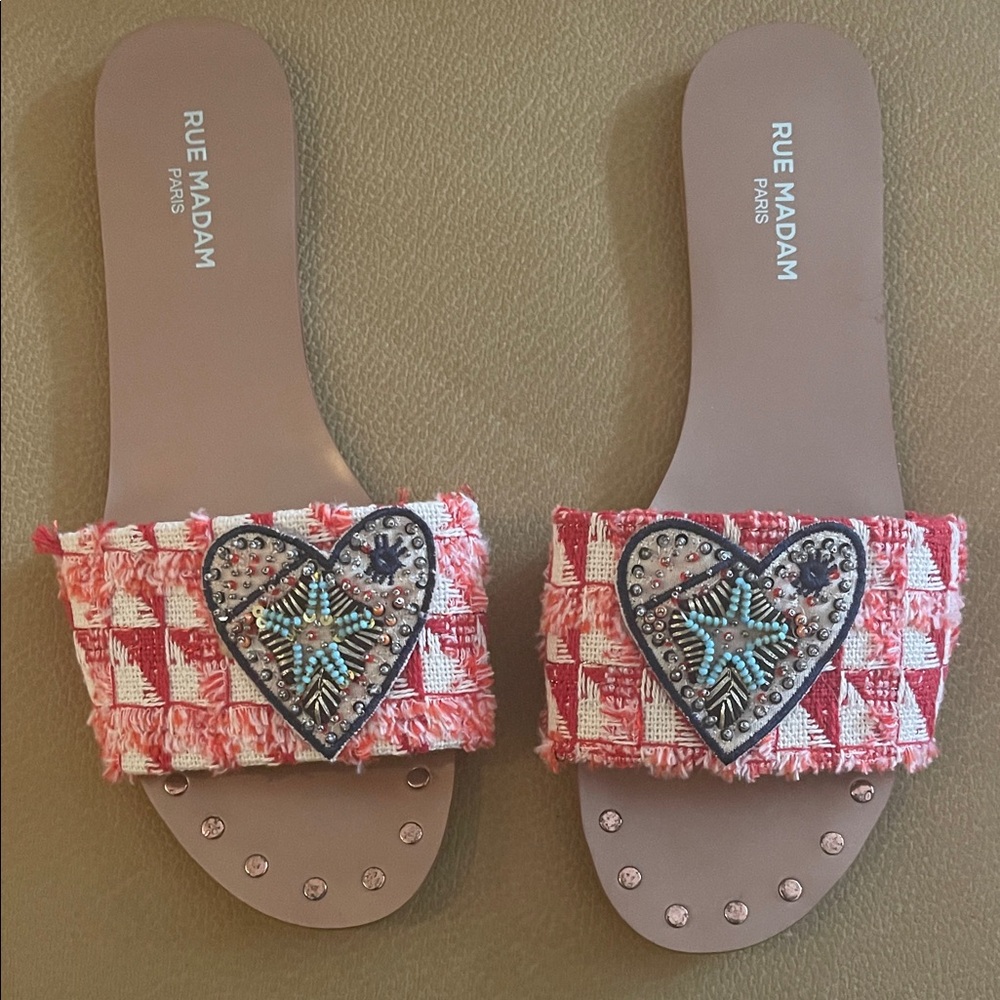 Rue Madam Pink and White Slide Sandals